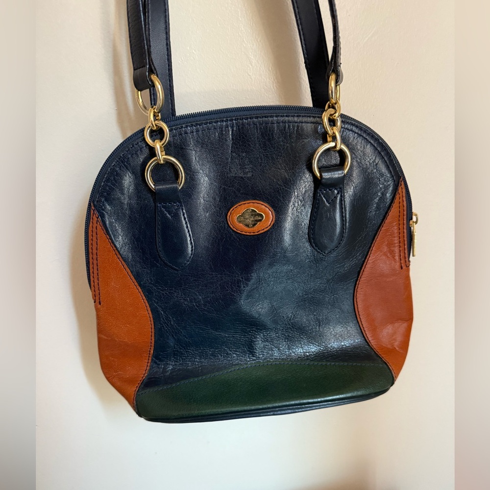 Navy, brown & green Jane Shilton vintage leather bag